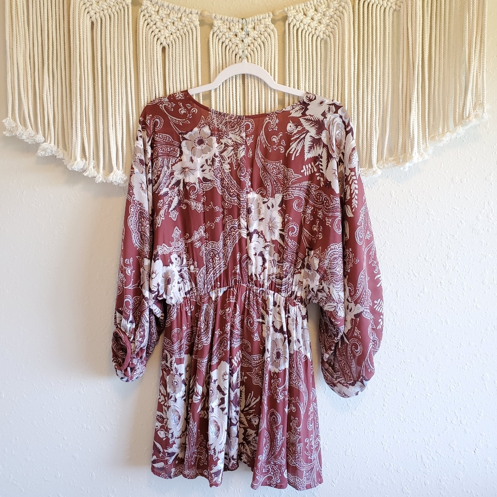 FREE PEOPLE Red Floral Patterned V Neck Mini Dress - Picture 6 of 8
